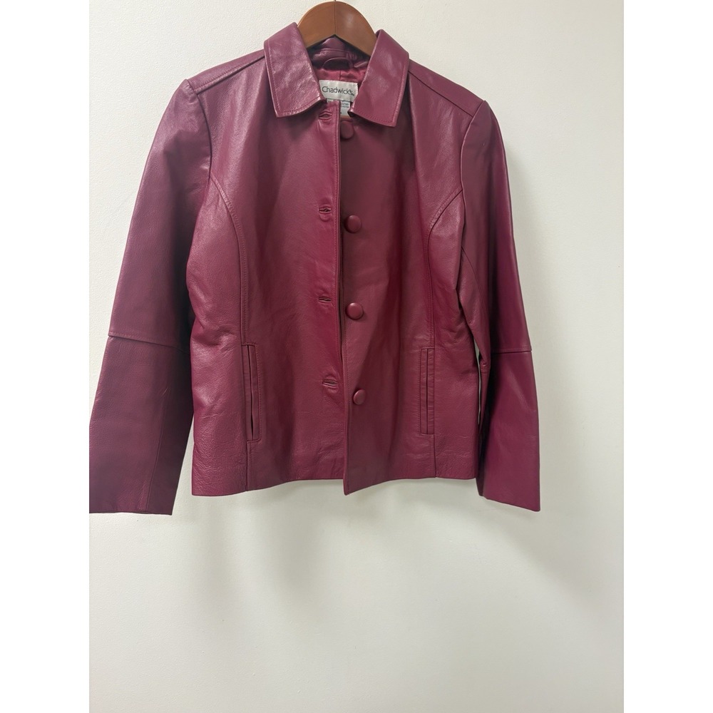Chadwick's Leather Jacket Collared Buttons Pockets Lined Magenta Size 10